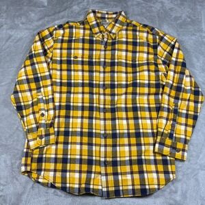 Duluth Trading Co Shirt Mens Large‎ Yellow Blue Plaid Button Up Flannel Cotton